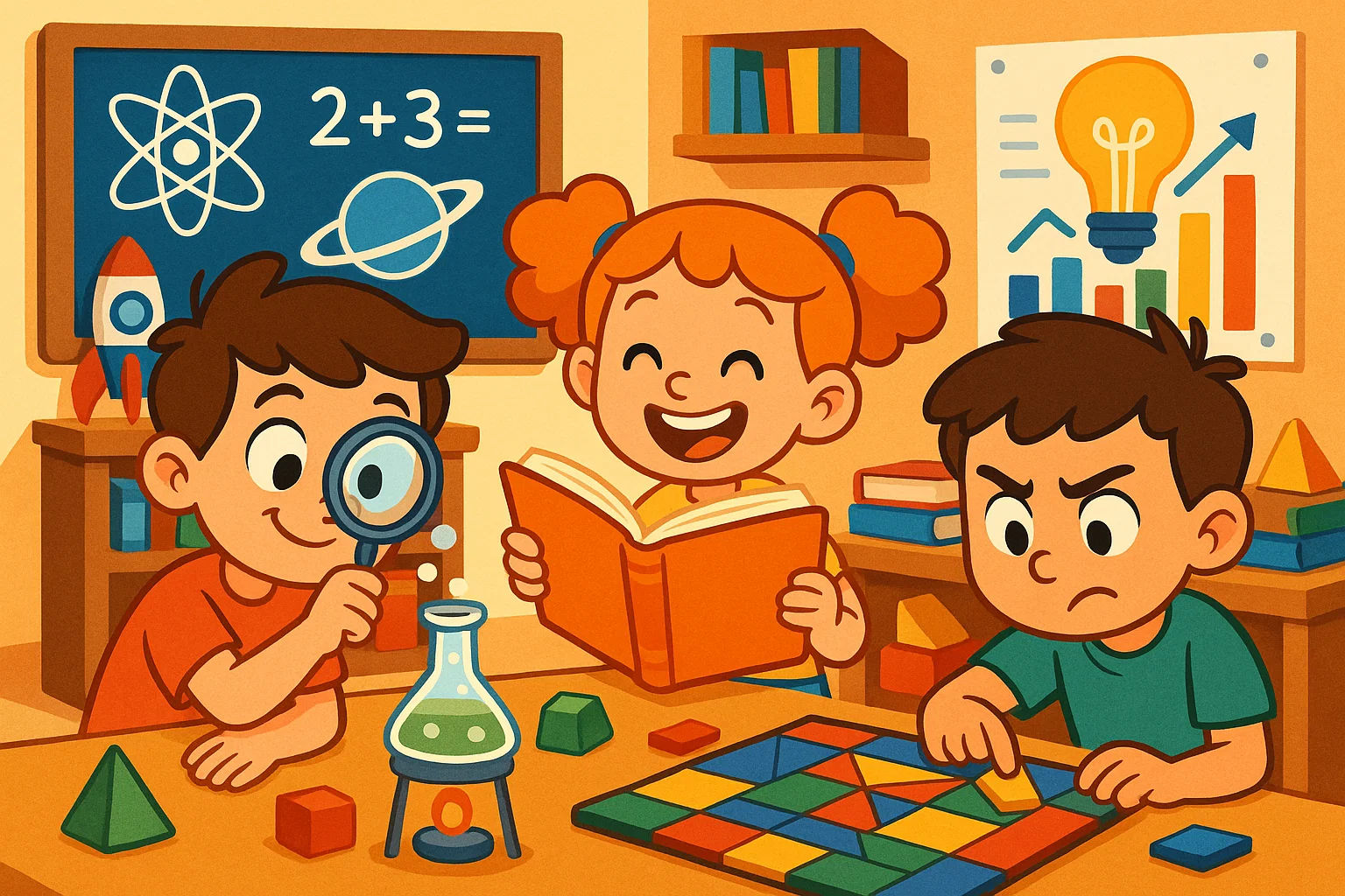 Cartoon of children engaged in various educational and thinking activities like science experiments, reading, and solving puzzles. Cartoon of children engaged in various educational and thinking activities like science experiments, reading, and solving puzzles.
