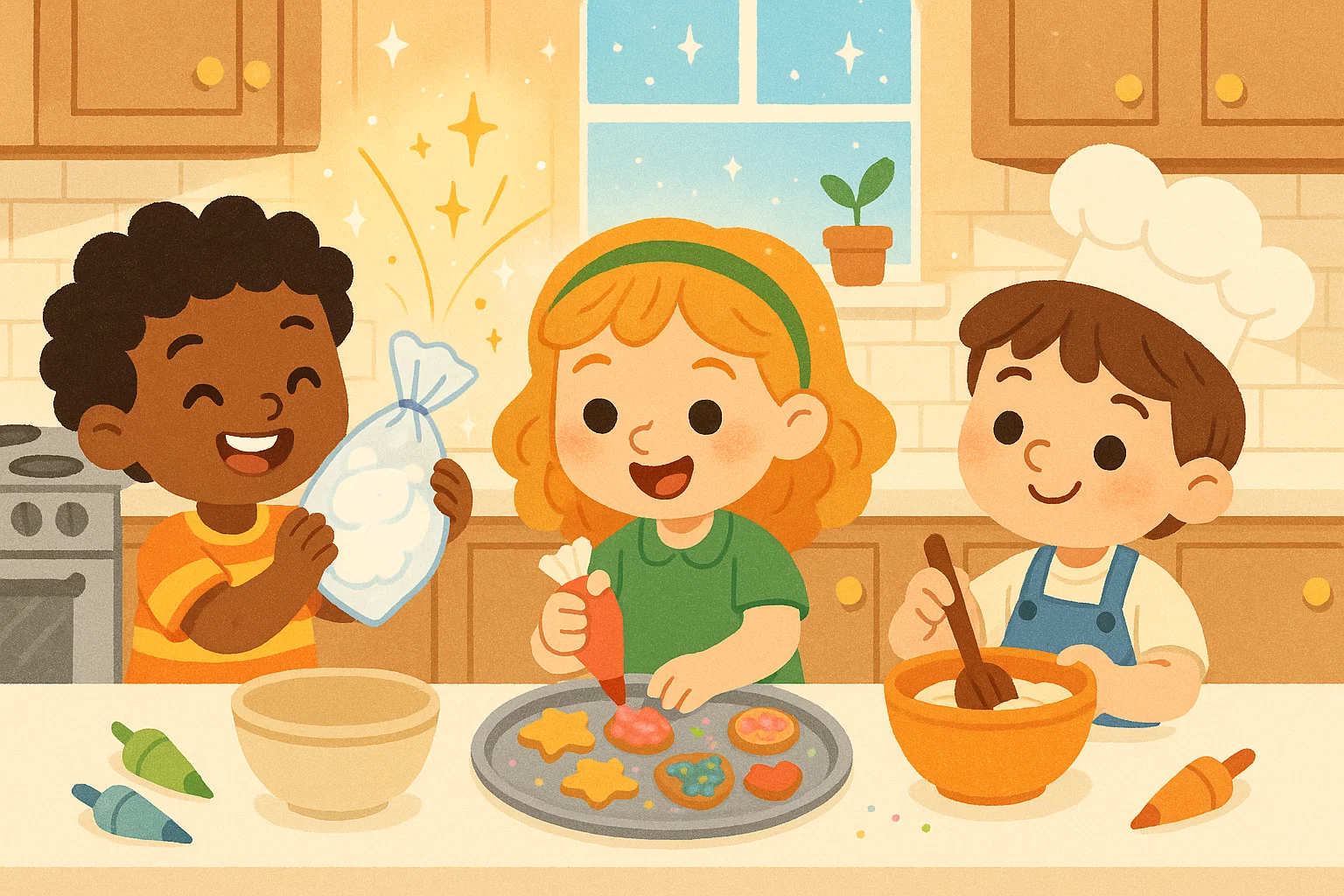 A cartoon of children happily making ice cream in a bag and baking in a clean kitchen.
