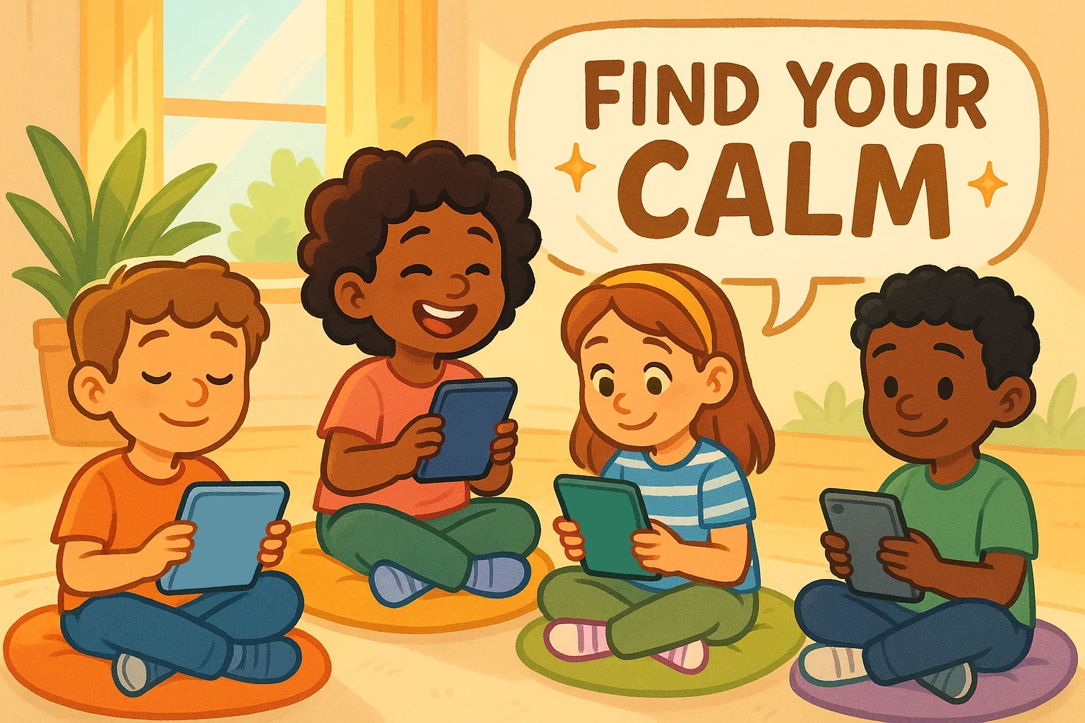 Playful cartoon of kids using mental health apps on tablets to find calm and focus. Playful cartoon of kids using mental health apps on tablets to find calm and focus.