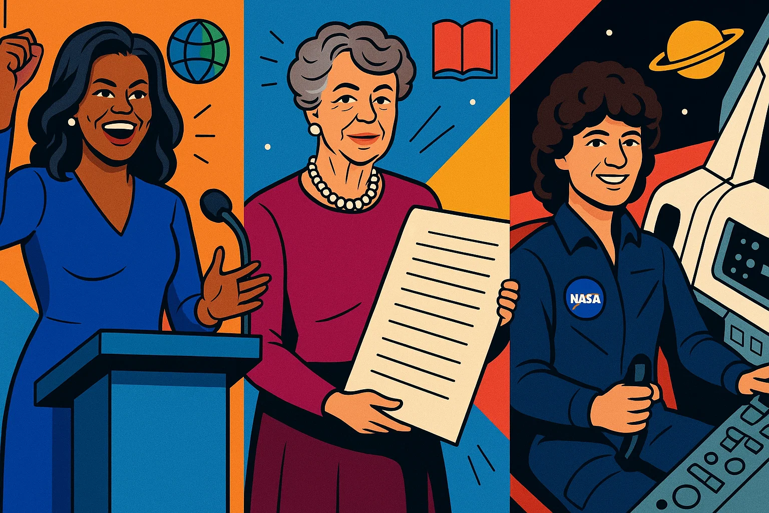 A comic-style illustration of modern female role models, including Michelle Obama and a climate activist, with bold colors.
