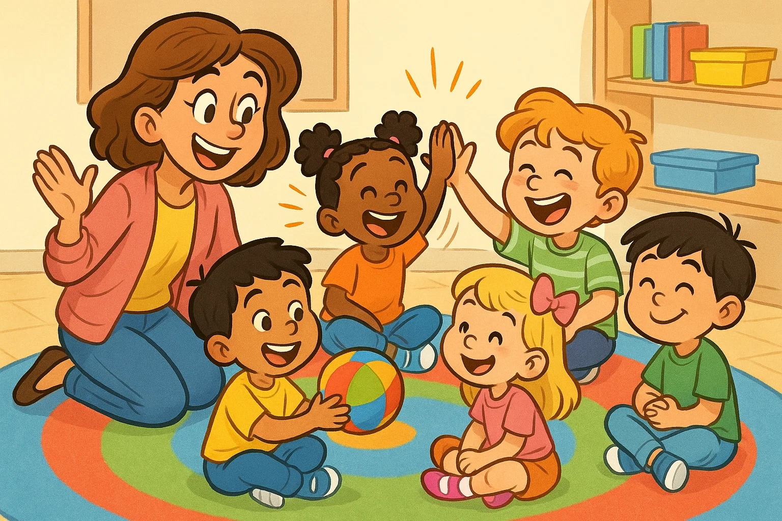 A playful, vibrant cartoon showing a diverse group of happy kindergarten students and their teacher engaged in a fun morning meeting game.