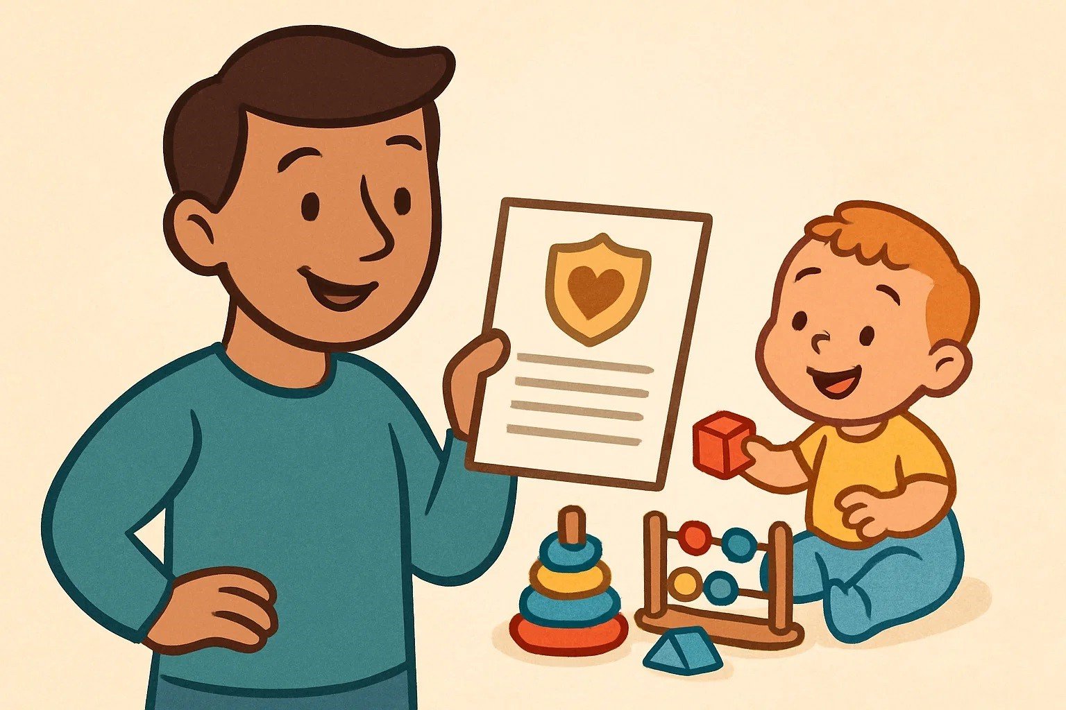 A cartoon of a parent holding an official document, representing trusted resources, with a toddler playing.
