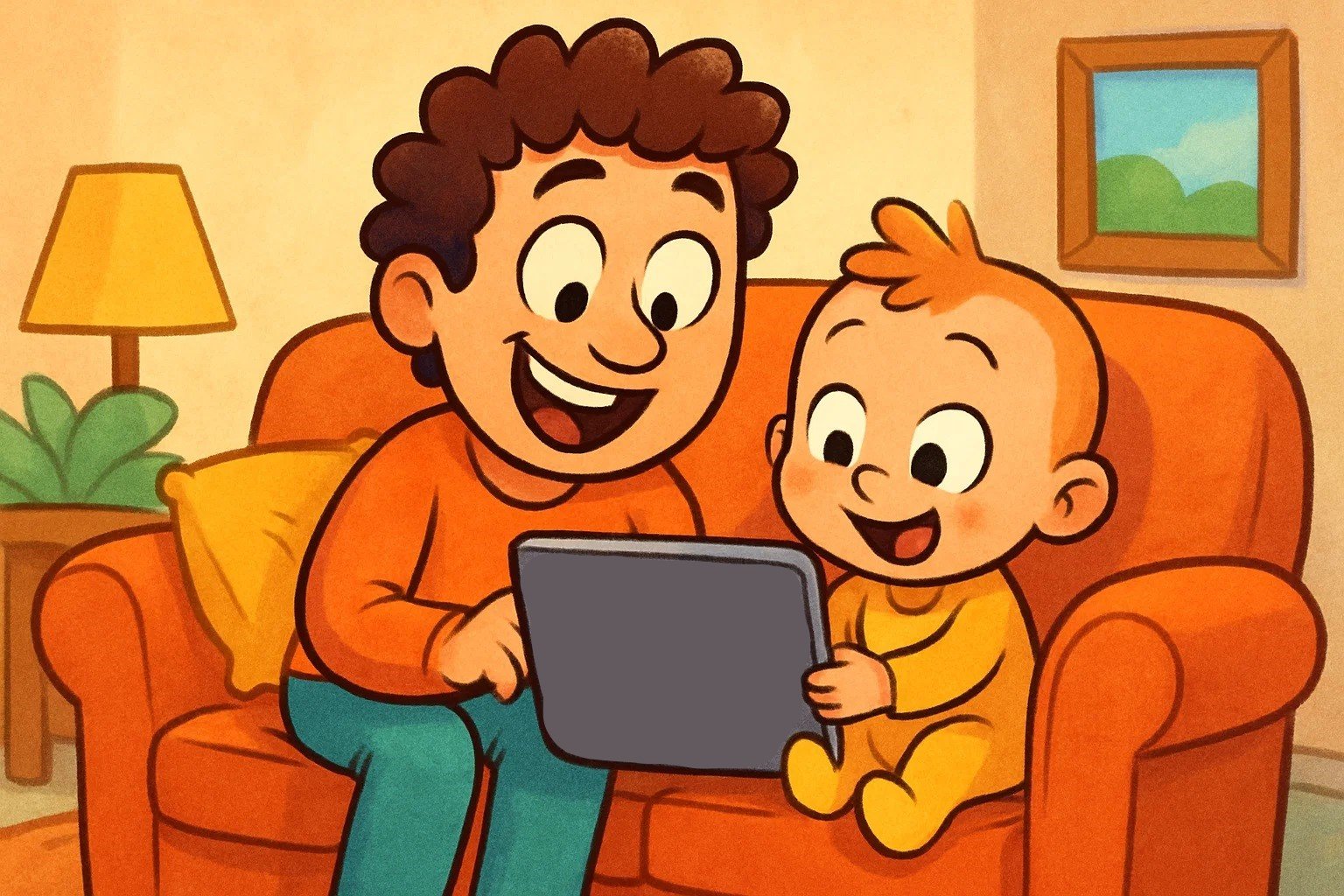  A cartoon of a parent and child happily looking at parenting resources on a tablet.