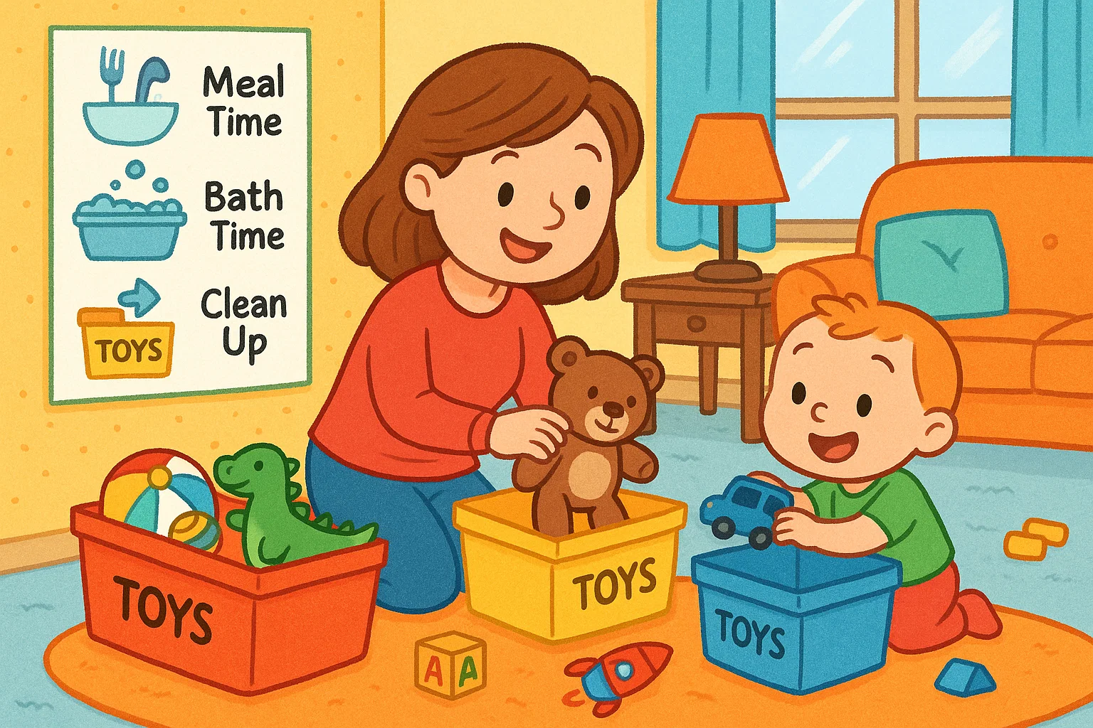 Cartoon showing a tidy playroom with a parent and toddler using labeled bins and a visual schedule to clean up.