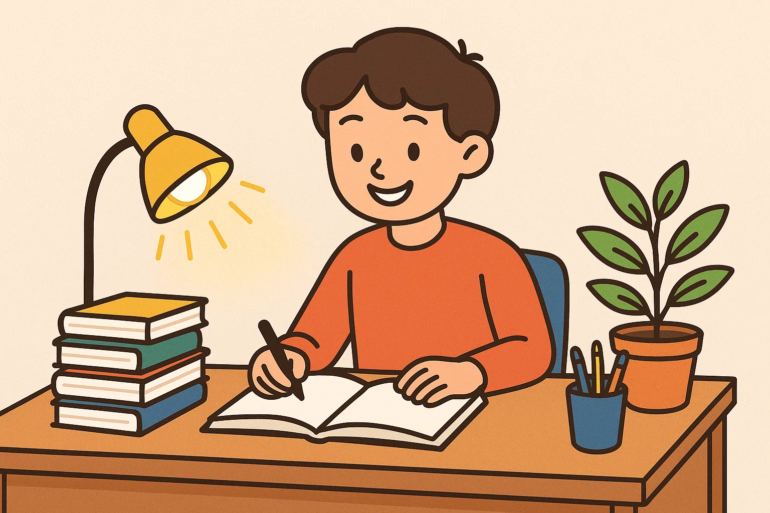 A cheerful cartoon of a student at a clean, organized desk, looking focused and productive.