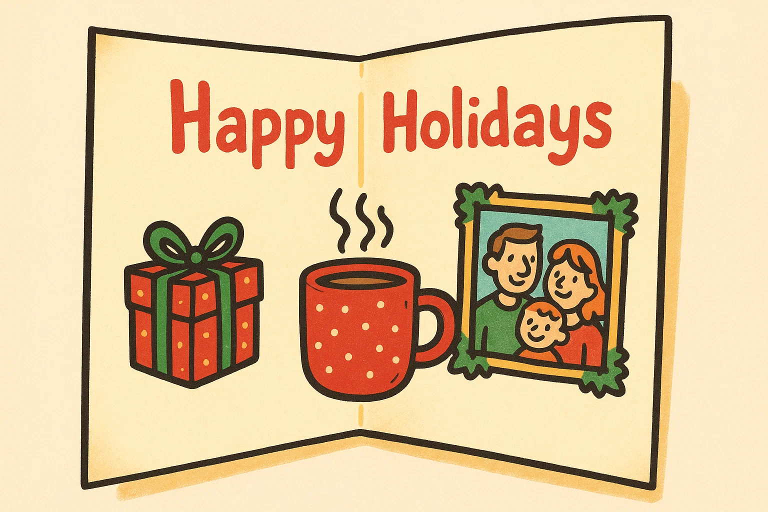 Cartoon illustration showing ideas for adding to a holiday card, such as a gift card, family photo, and hot cocoa mix.
