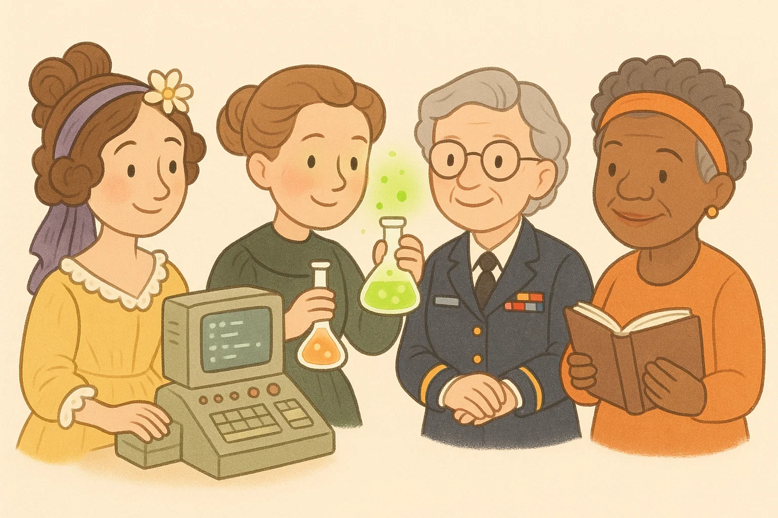 A charming cartoon of inspiring women like Ada Lovelace, Marie Curie, and Grace Hopper with elements from their scientific fields.