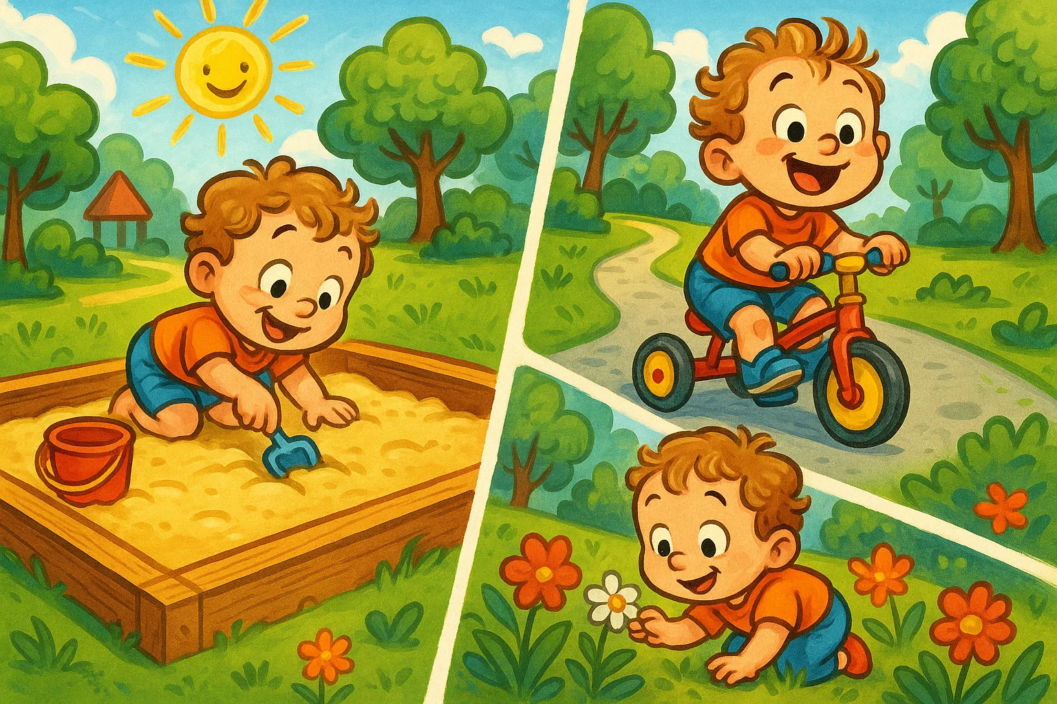 A whimsical cartoon of a toddler exploring outdoors, digging in a sandbox, and riding a tricycle.
