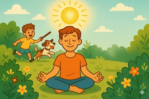 An upbeat cartoon of a parent practicing self-care, with bright colors and a peaceful garden setting.