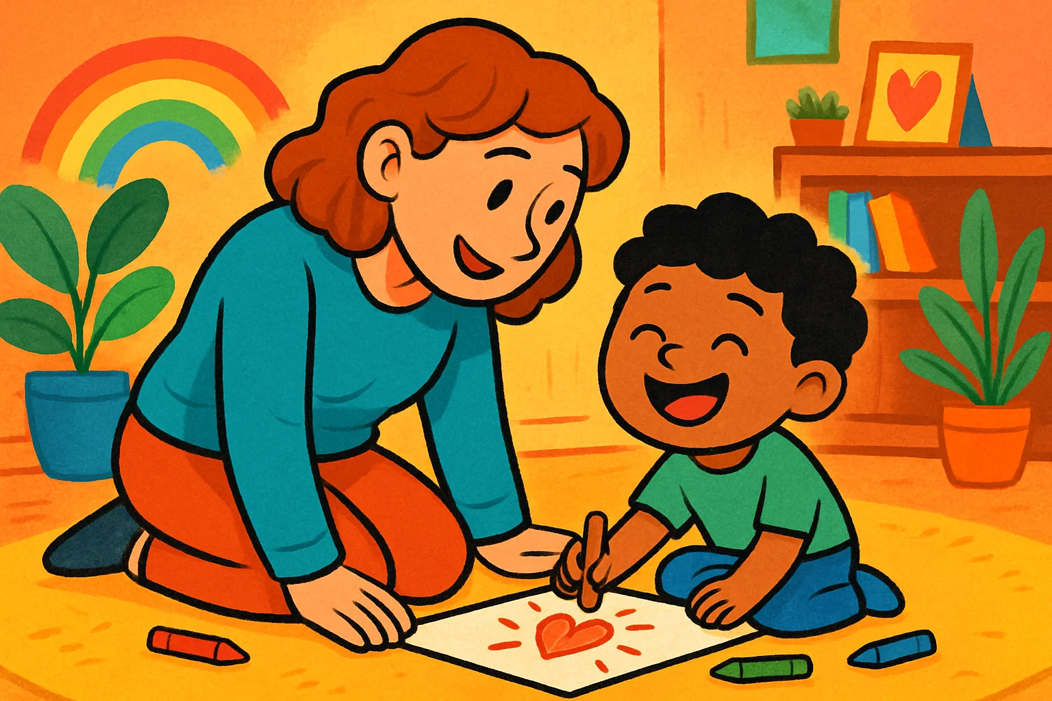 A cartoon of a parent kneeling to a child's level, listening intently. The image highlights a parent's key role in a child's mental health.
