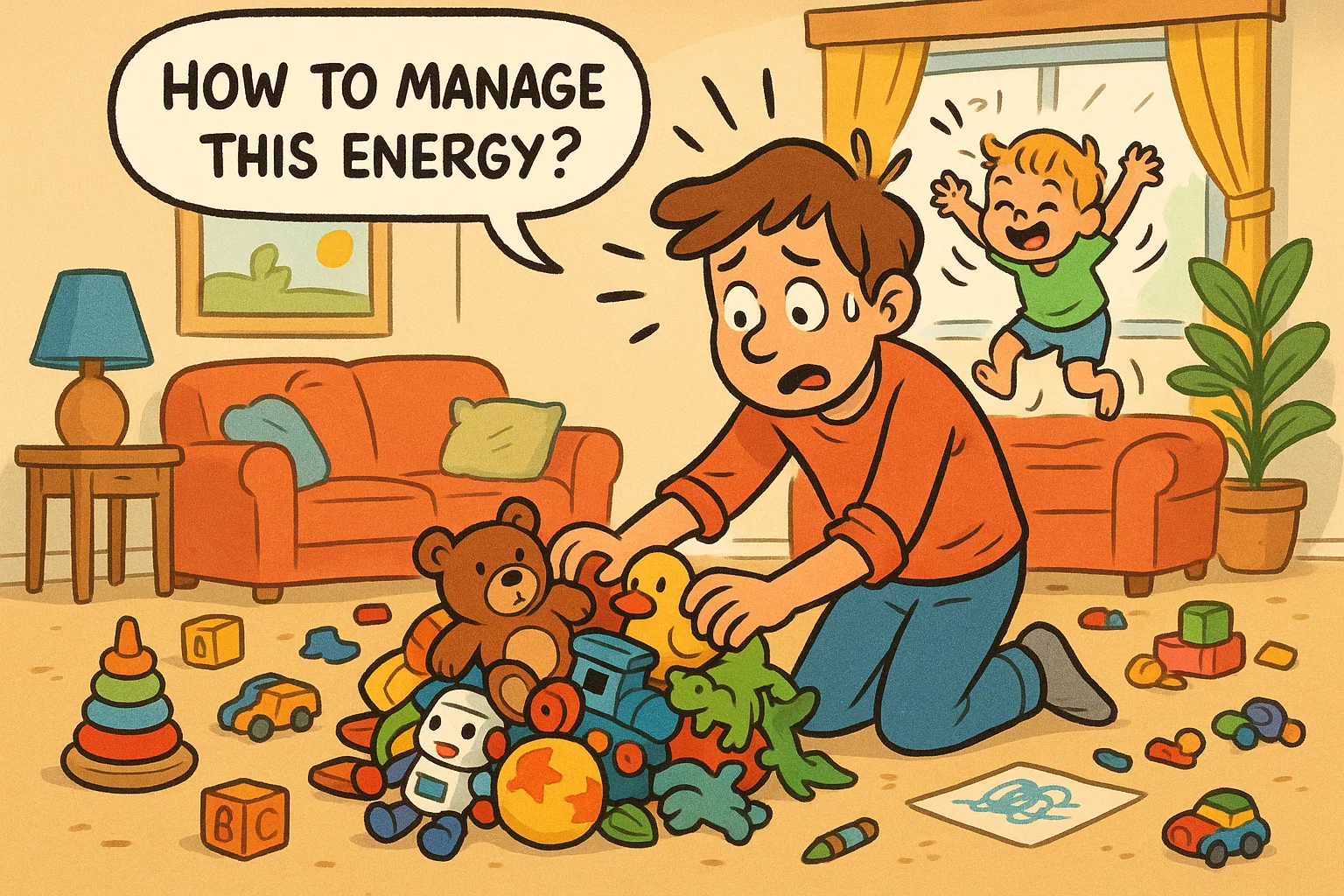An illustration showing a parent with a tired but loving expression trying to tidy up while an energetic toddler with ADHD bounces on a sofa. An illustration showing a parent with a tired but loving expression trying to tidy up while an energetic toddler with ADHD bounces on a sofa.