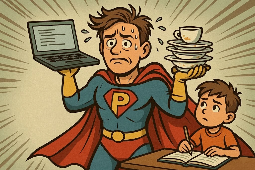 A cartoon of an exhausted parent heroically juggling children, work, and household tasks. A cartoon of an exhausted parent heroically juggling children, work, and household tasks.