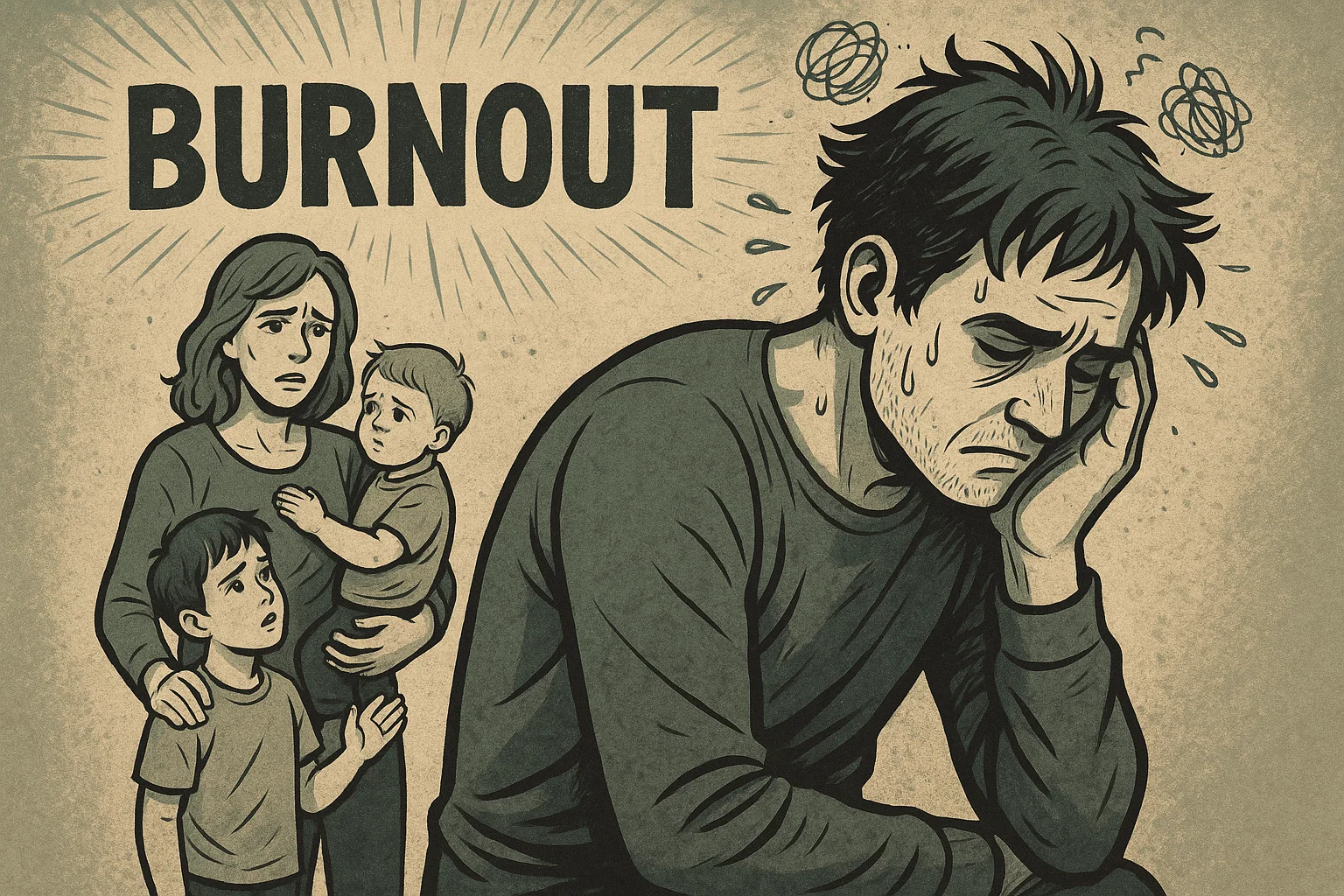A comic-style drawing of a parent with thought bubbles showing exhaustion, irritability, and physical symptoms of burnout.
