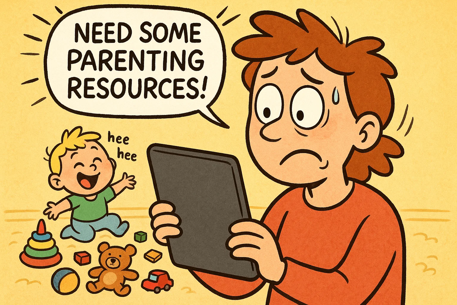 A cartoon of a parent using a tablet for resources while a toddler plays with toys. A cartoon of a parent using a tablet for resources while a toddler plays with toys.