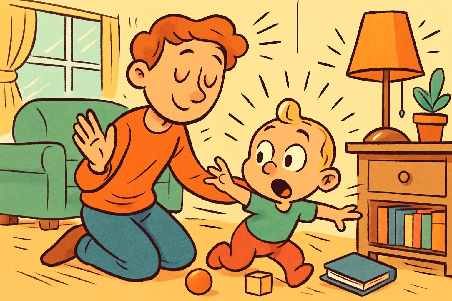A playful cartoon of a parent guiding a curious 2-year-old toddler, with comic-style lines and vibrant colors. A playful cartoon of a parent guiding a curious 2-year-old toddler, with comic-style lines and vibrant colors.