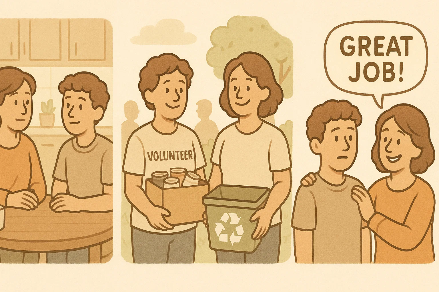 A cartoon showing a parent helping a teen build social skills through conversation and shared activities. A cartoon showing a parent helping a teen build social skills through conversation and shared activities.