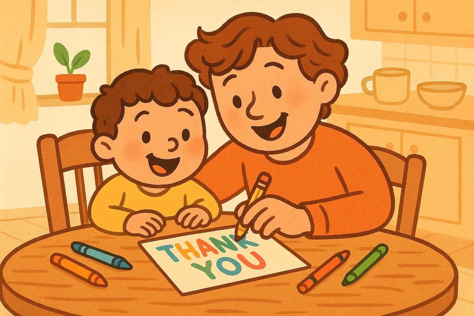  A cartoon of a parent and child happily writing a thank you note together at a kitchen table.
