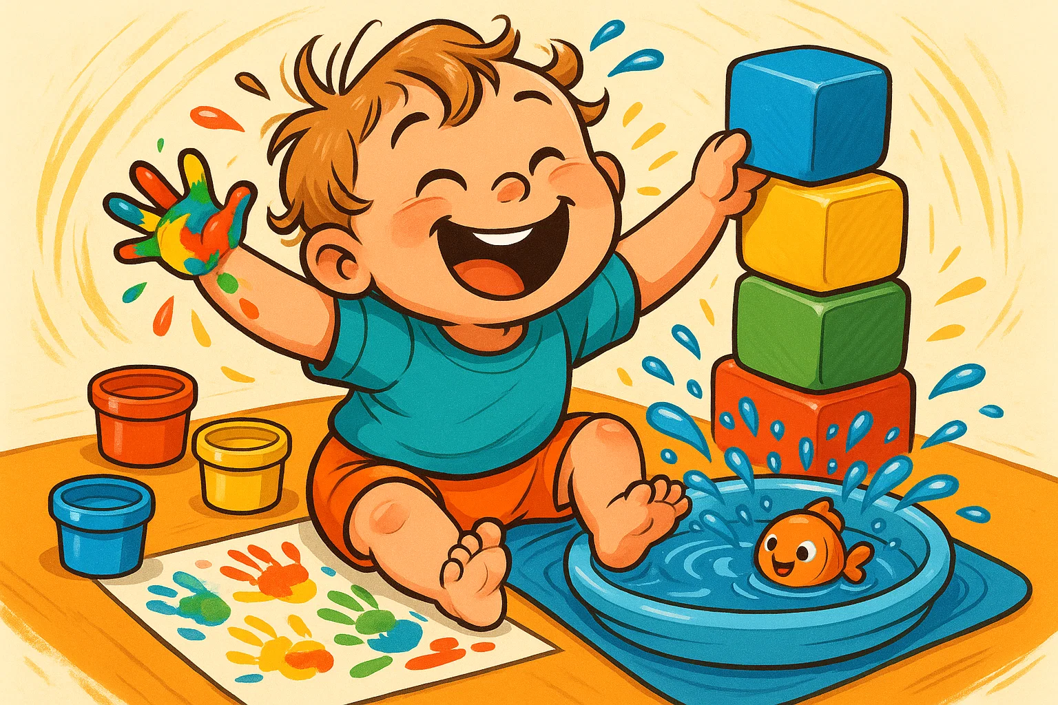 A colorful cartoon of a toddler playing with paint, blocks, and water indoors, with a big smile. A colorful cartoon of a toddler playing with paint, blocks, and water indoors, with a big smile.