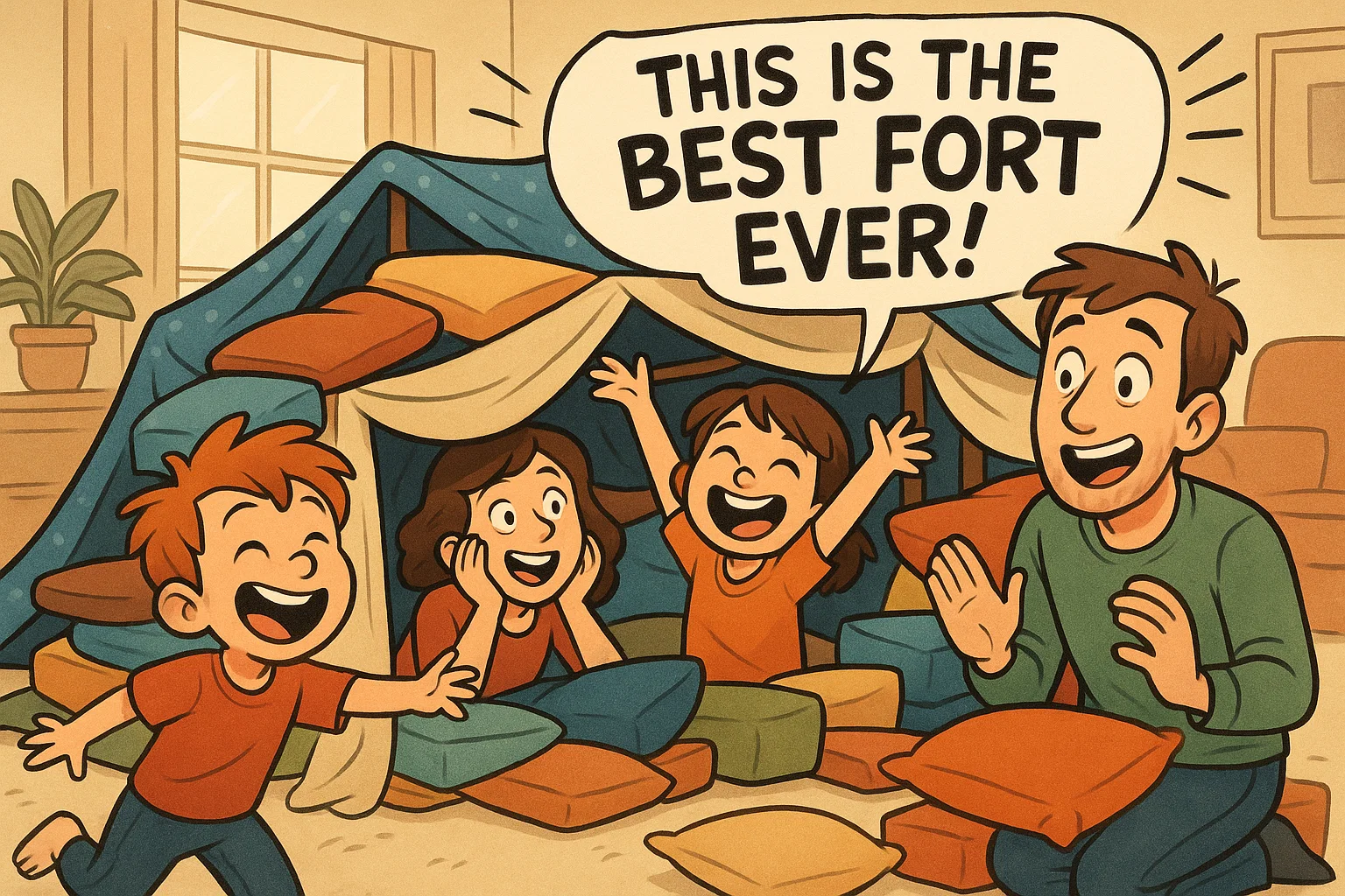 A joyful cartoon image of a family building a chaotic pillow fort, with kids laughing and a speech bubble saying  A joyful cartoon image of a family building a chaotic pillow fort, with kids laughing and a speech bubble saying