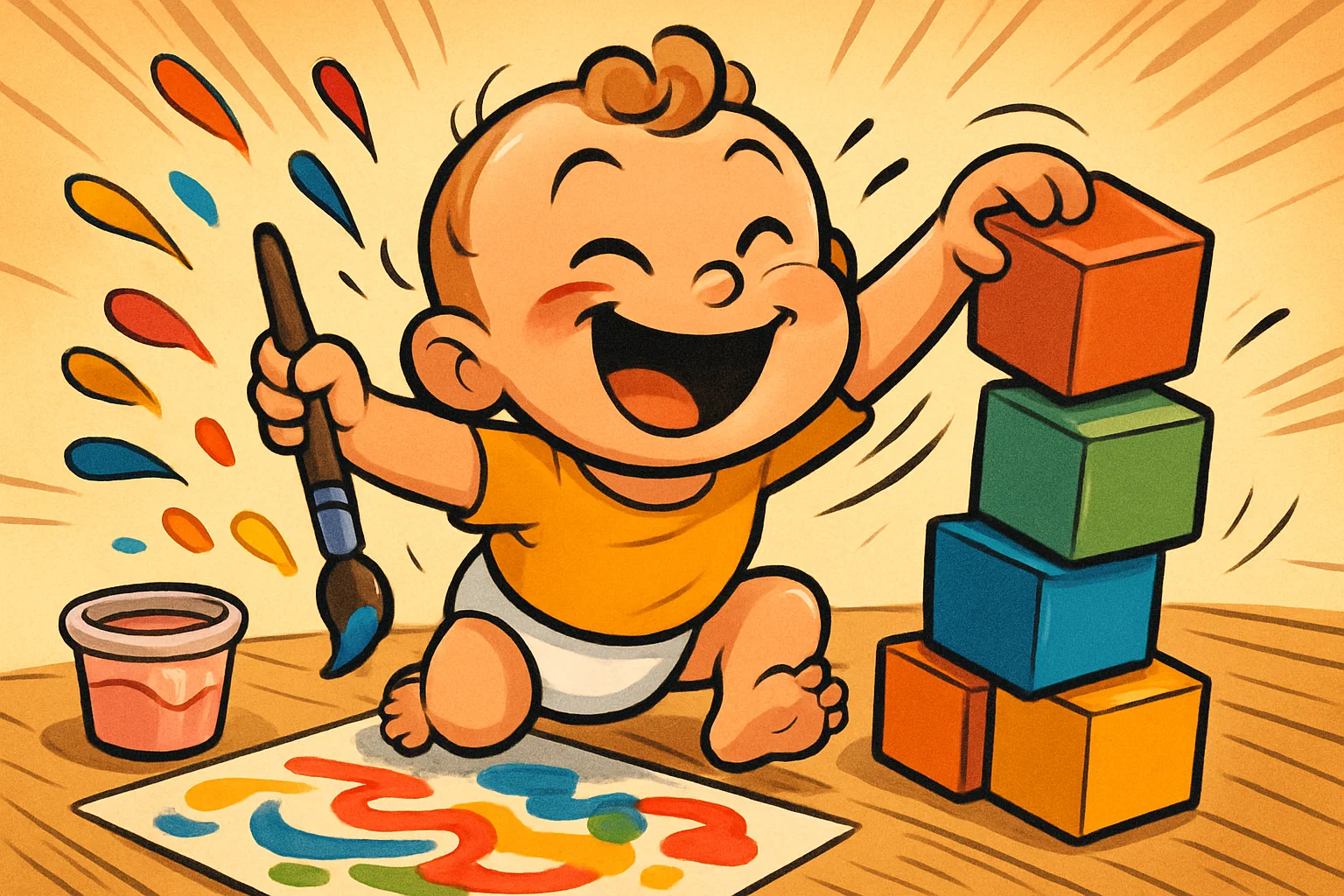 A colorful cartoon showing a joyful toddler playing with paint, blocks, and water, with exaggerated, comic-style action lines. A colorful cartoon showing a joyful toddler playing with paint, blocks, and water, with exaggerated, comic-style action lines.