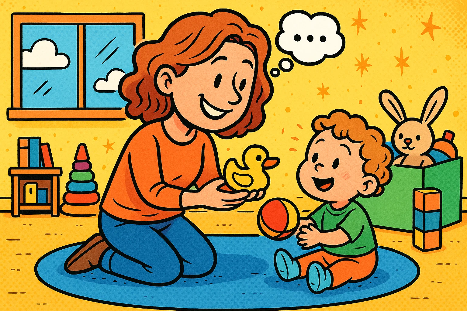 A cartoon illustration of a parent giving a 2-year-old a choice of toys, demonstrating positive parenting tips.