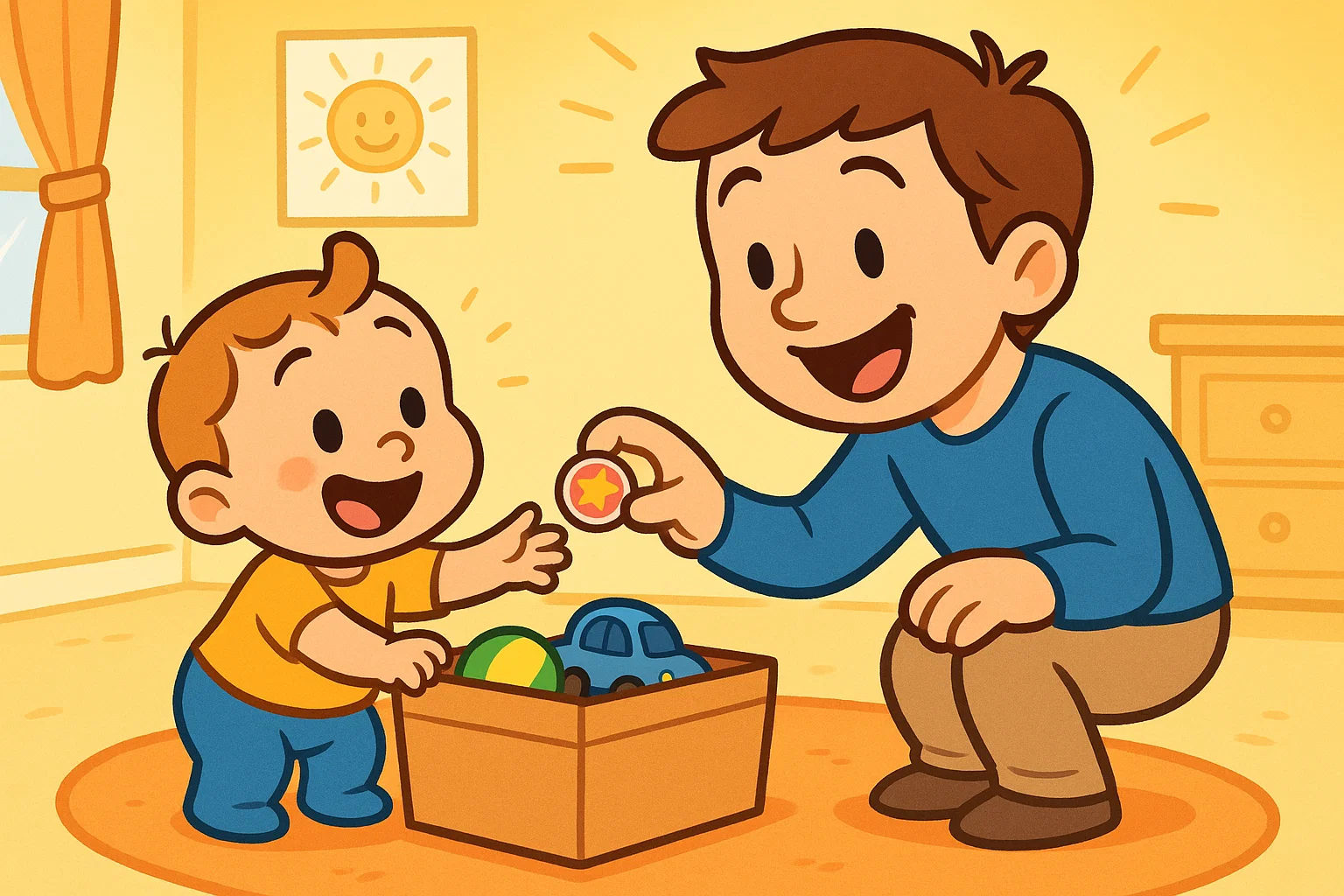 A cartoon parent gives a sticker to a happy toddler, demonstrating positive reinforcement for good behavior.