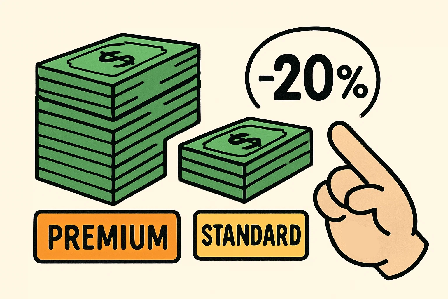 Simple cartoon comparing two piles of money with "Premium" and "Standard" tags, illustrating price structure value.