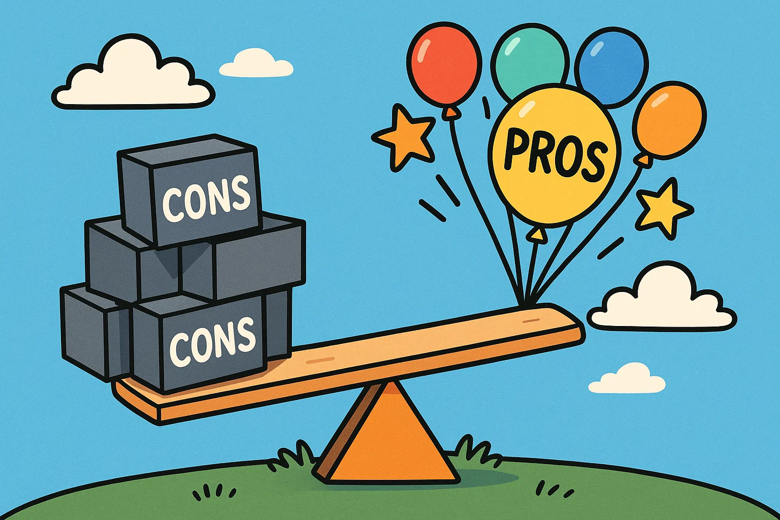 A cartoon of a seesaw balancing pros and cons, symbolizing a clear decision.