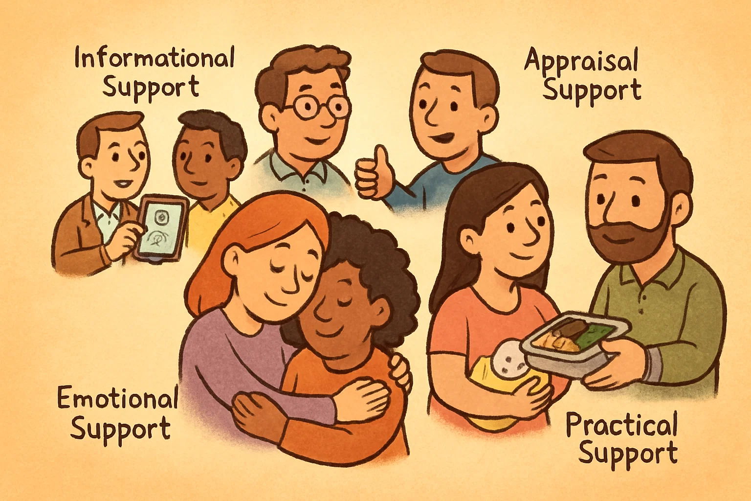 A cartoon showing a group of parents exchanging different types of support: emotional, practical, informational, and appraisal.
