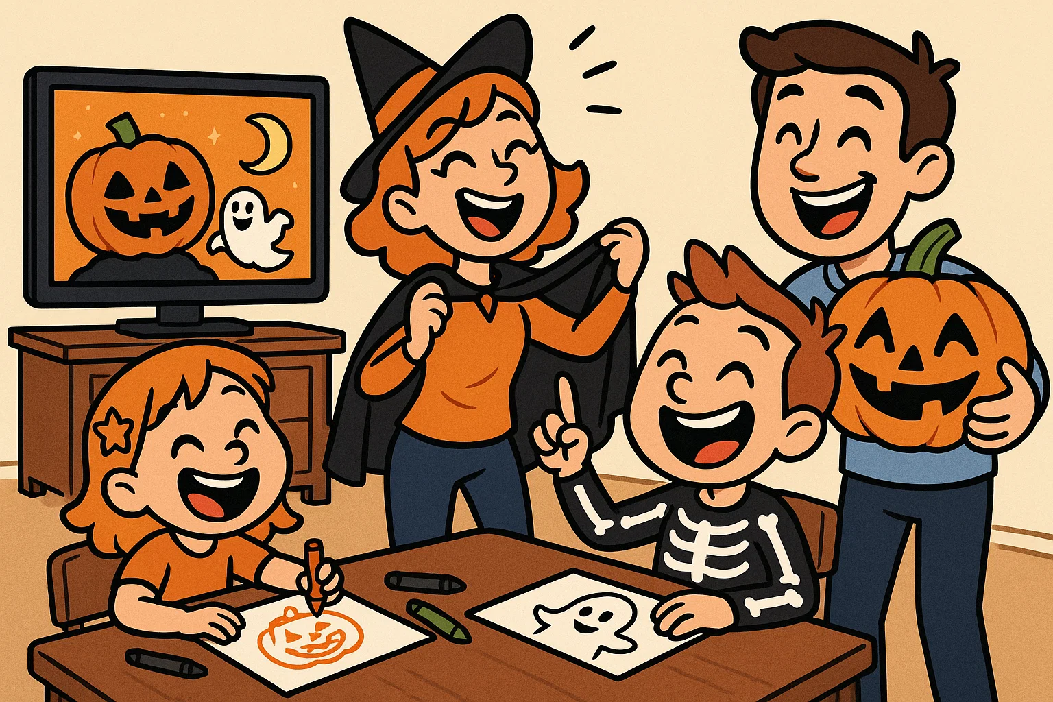 Cartoon of a family enjoying quick and easy Halloween activities like coloring and watching a video. Cartoon of a family enjoying quick and easy Halloween activities like coloring and watching a video.