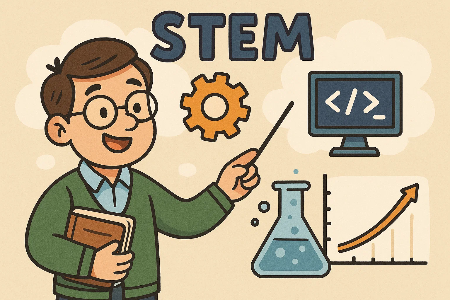 A realistic photo of a teacher and students discussing STEM education in a classroom setting, showing collaboration and curiosity. A realistic photo of a teacher and students discussing STEM education in a classroom setting, showing collaboration and curiosity.