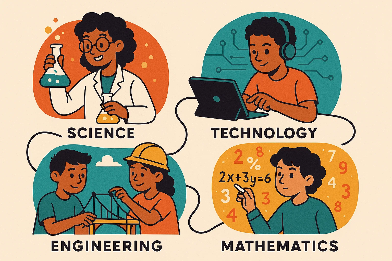 A stylized cartoon showing four teens doing science, technology, engineering, and math activities. A stylized cartoon showing four teens doing science, technology, engineering, and math activities.