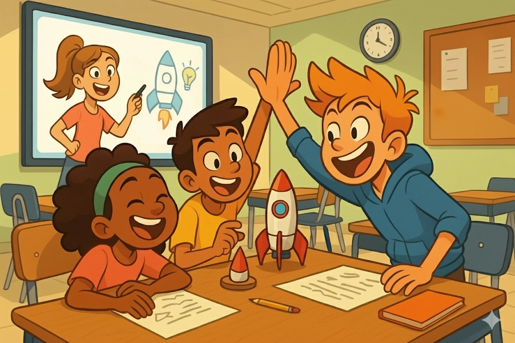 Cartoon of high school students actively working on a collaborative STEM project in a classroom with a teacher. Cartoon of high school students actively working on a collaborative STEM project in a classroom with a teacher.