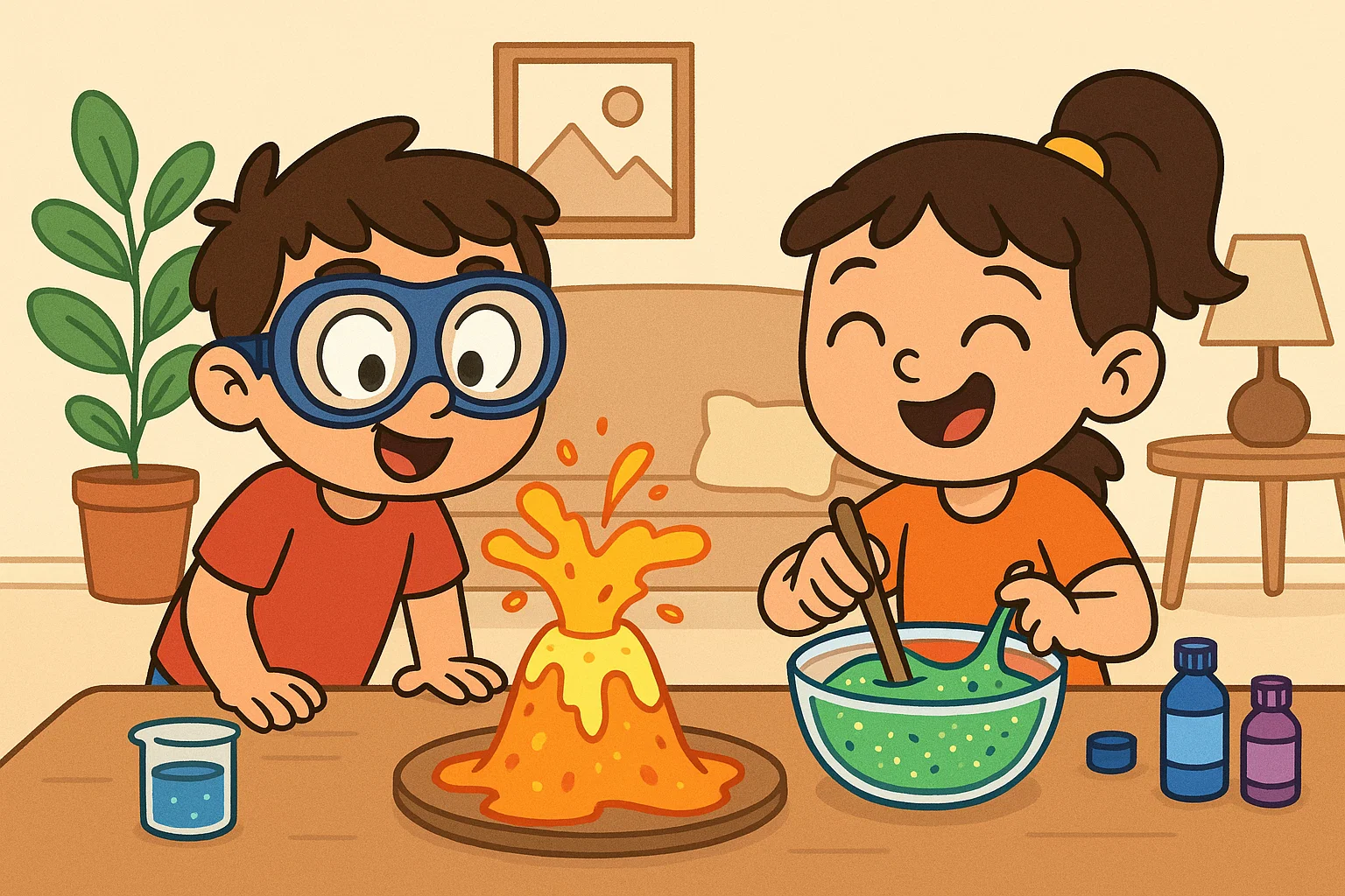 A cartoon of kids doing fun science experiments, including a lemon volcano and making glitter slime.
