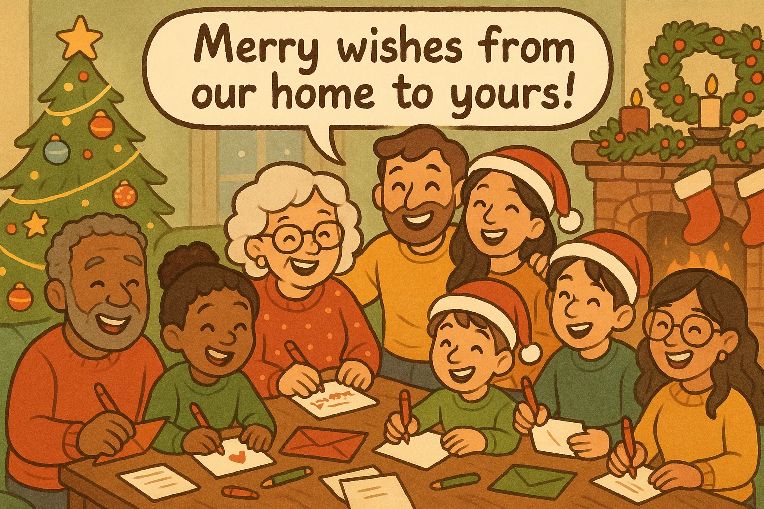 Illustration of a diverse group writing Christmas cards, showing heartfelt wishes, greetings, and festive joy in a cozy living room. Illustration of a diverse group writing Christmas cards, showing heartfelt wishes, greetings, and festive joy in a cozy living room.