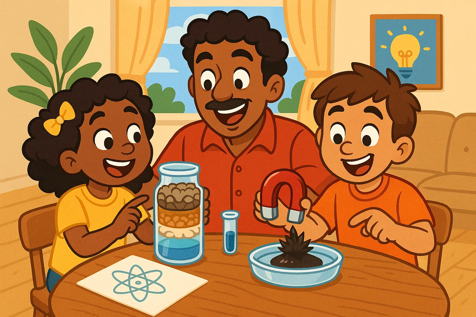 A realistic photo of a family working on simple STEM projects in a modern home, such as a water filtration experiment. A realistic photo of a family working on simple STEM projects in a modern home, such as a water filtration experiment.