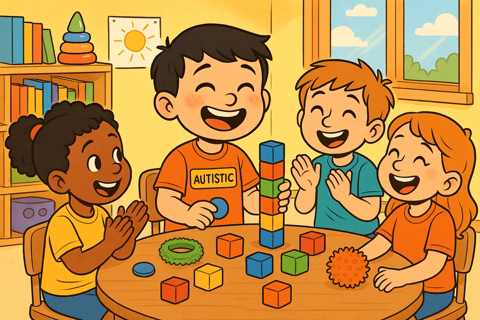 A cartoon illustration of happy children, including an autistic child, playing a social skills game with building blocks in a colorful room. A cartoon illustration of happy children, including an autistic child, playing a social skills game with building blocks in a colorful room.