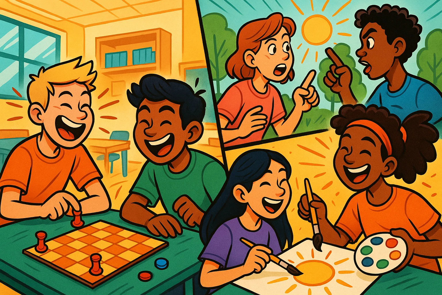 A vibrant cartoon illustration showing diverse teens participating in social skills activities like board games, art projects, and debates. A vibrant cartoon illustration showing diverse teens participating in social skills activities like board games, art projects, and debates.