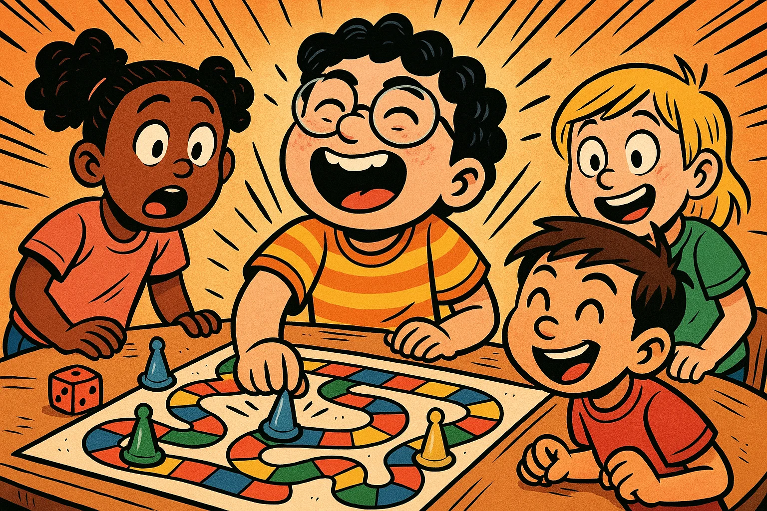A cartoon of a group of children laughing while playing a board game together.