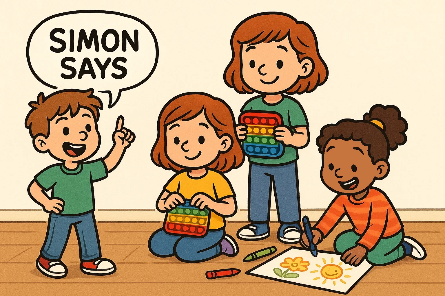 A cartoon showing children doing various activities like coloring and playing Simon Says.
