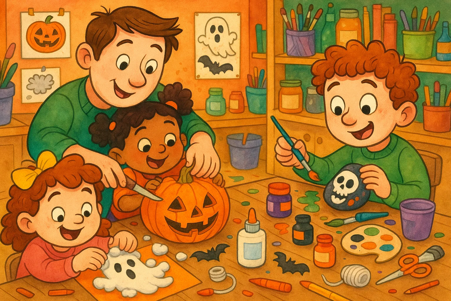 Cartoon of children making Halloween arts and crafts, including pumpkin carving and painting spooky rocks. Cartoon of children making Halloween arts and crafts, including pumpkin carving and painting spooky rocks.