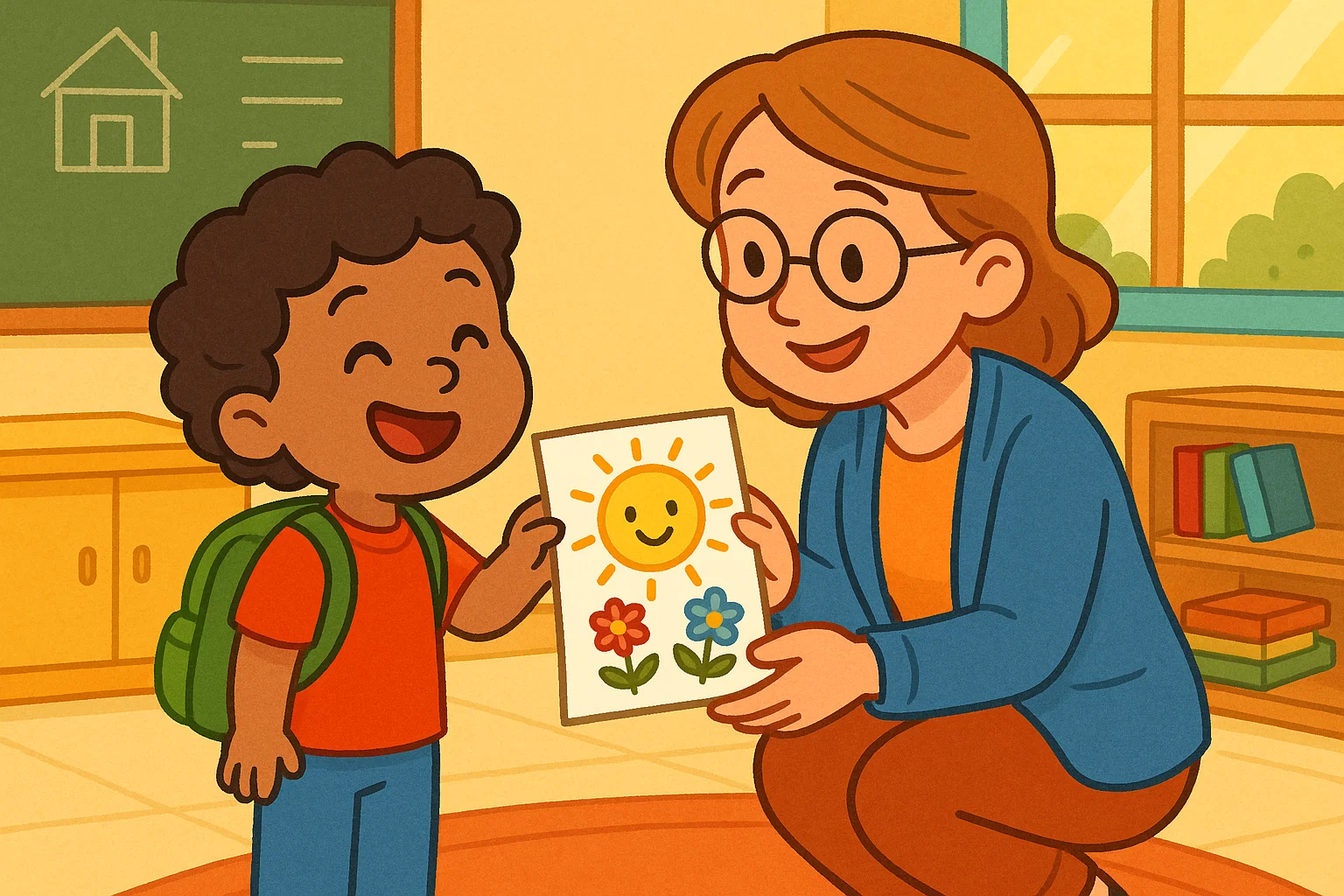 A charming cartoon of a young student giving a handmade drawing to their teacher in a classroom.
