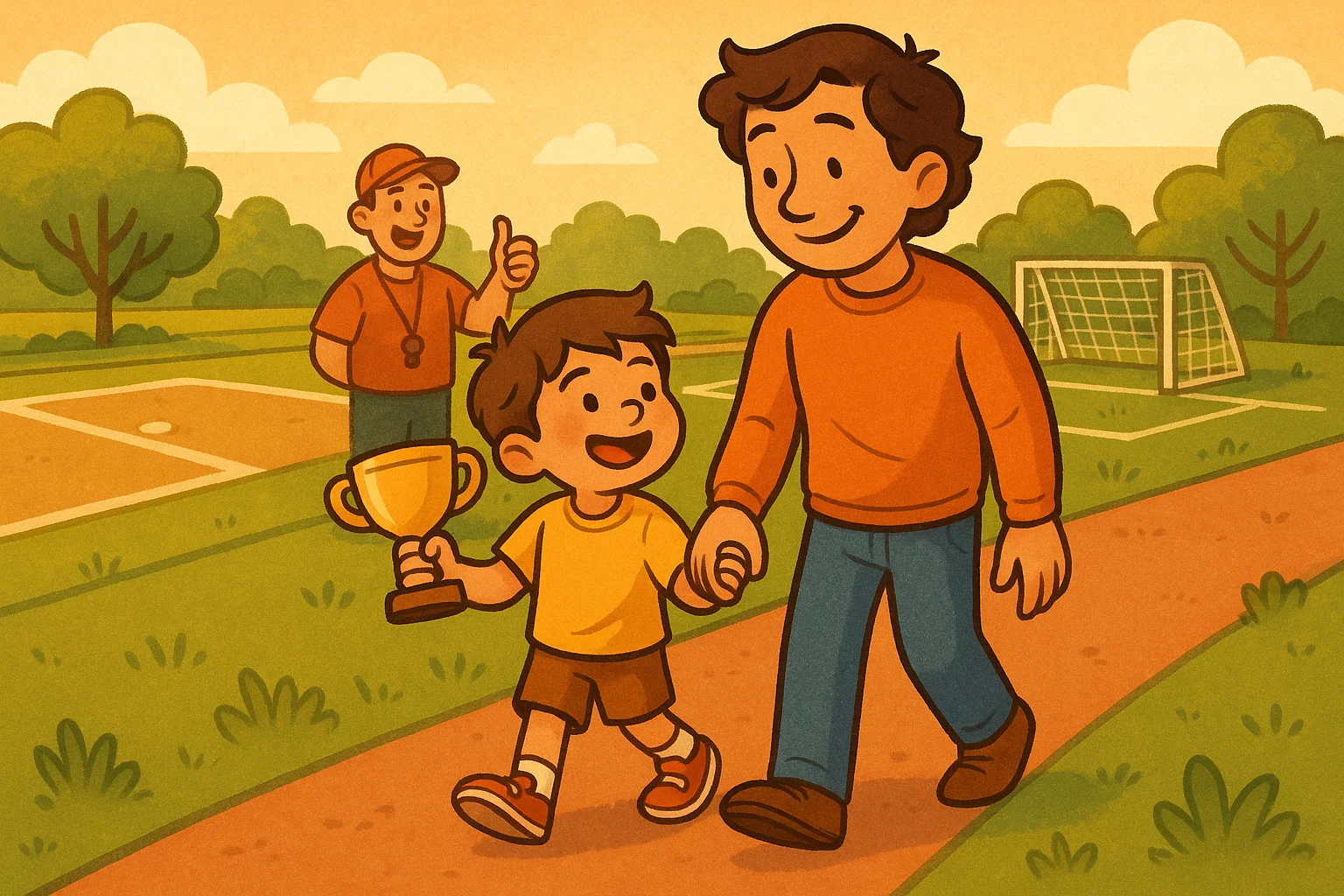  A cartoon of a parent and child walking together, with the child holding a trophy and a supportive coach in the background.
