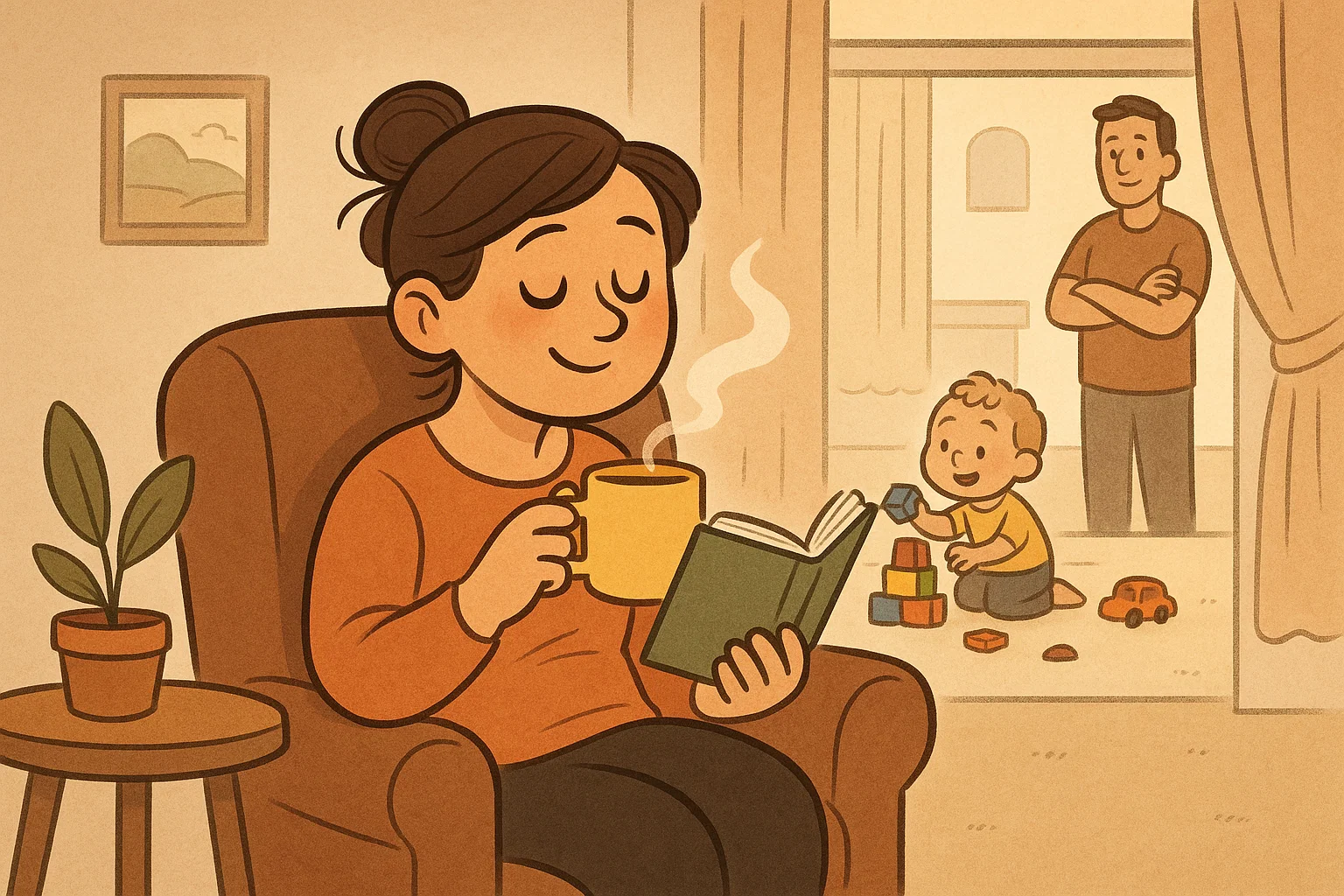 Cartoon showing a parent taking a peaceful moment for self-care while their toddler plays safely in the background.