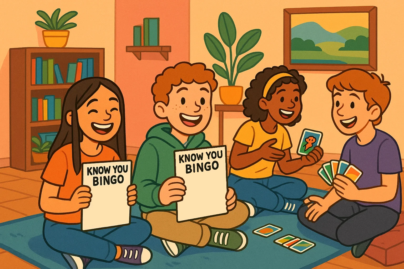 A cartoon of teens playing social skills games like "Know You Bingo," card games, and improv exercises. A cartoon of teens playing social skills games like "Know You Bingo," card games, and improv exercises.