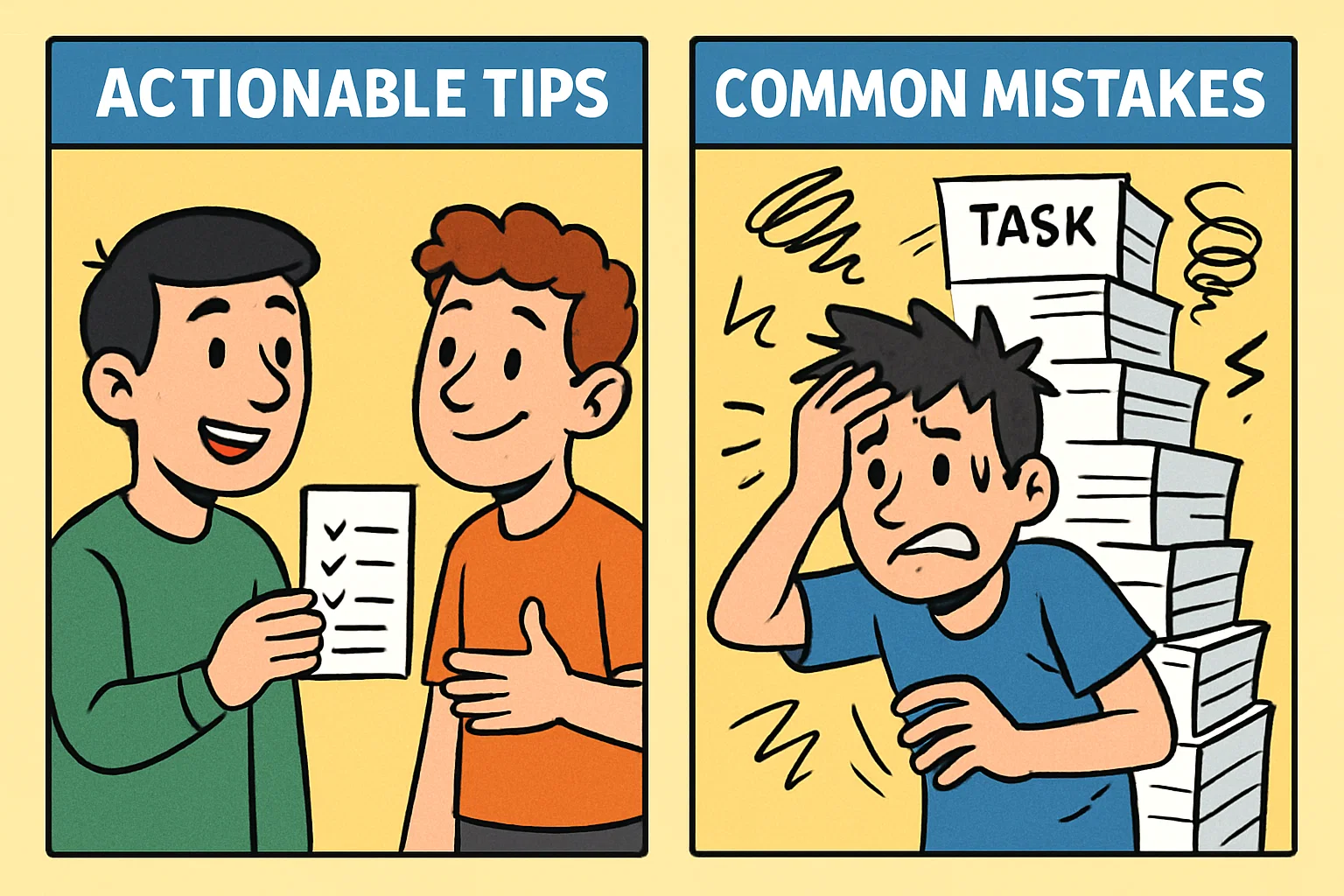A cartoon contrasting good parenting tips (organized list, calm parent) with common mistakes (overwhelmed parent, chaotic tasks).