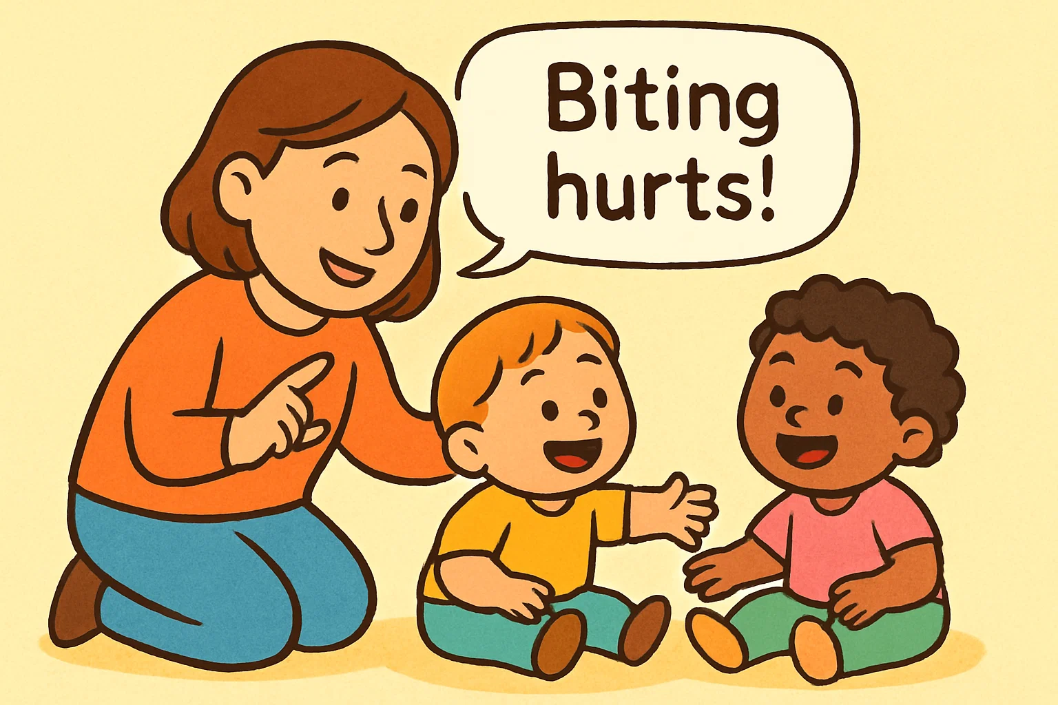 Cartoon of a parent teaching a child a positive solution for biting behavior. Cartoon of a parent teaching a child a positive solution for biting behavior.
