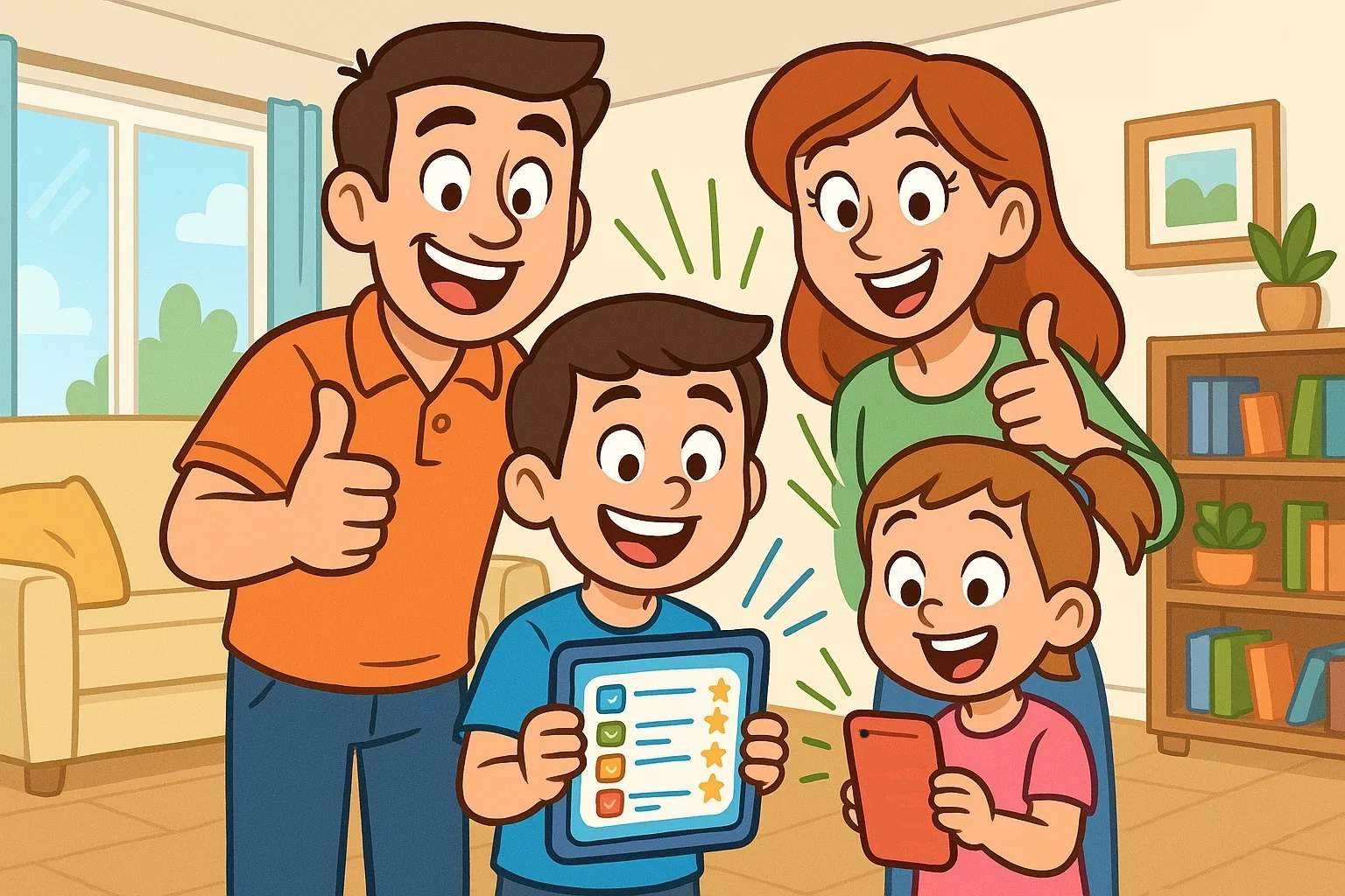 Cartoon image of happy children holding clean tablets displaying chore apps, with parents giving a thumbs up. Cartoon image of happy children holding clean tablets displaying chore apps, with parents giving a thumbs up.