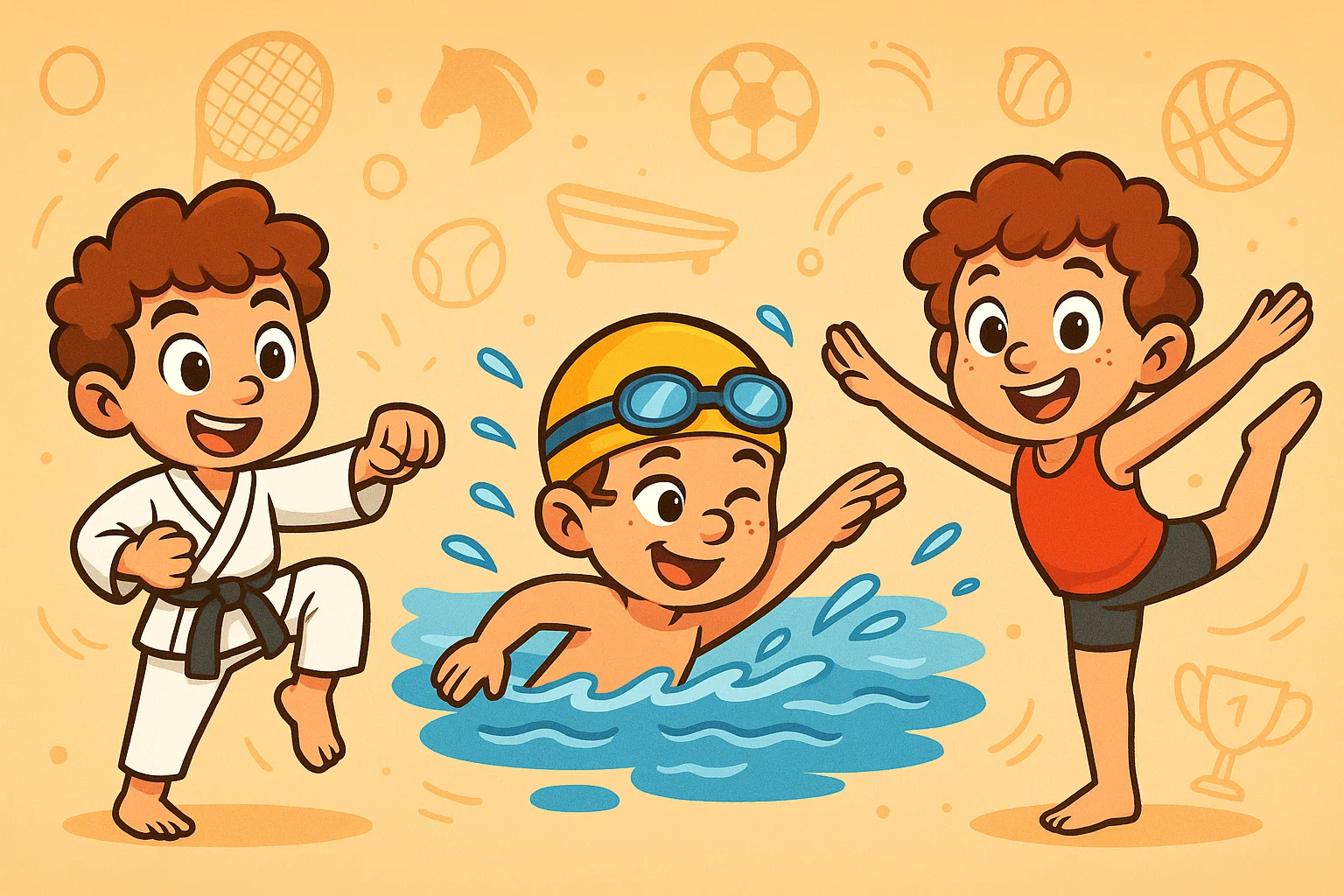 A cartoon montage showing a child performing various sports like karate, swimming, and gymnastics.
