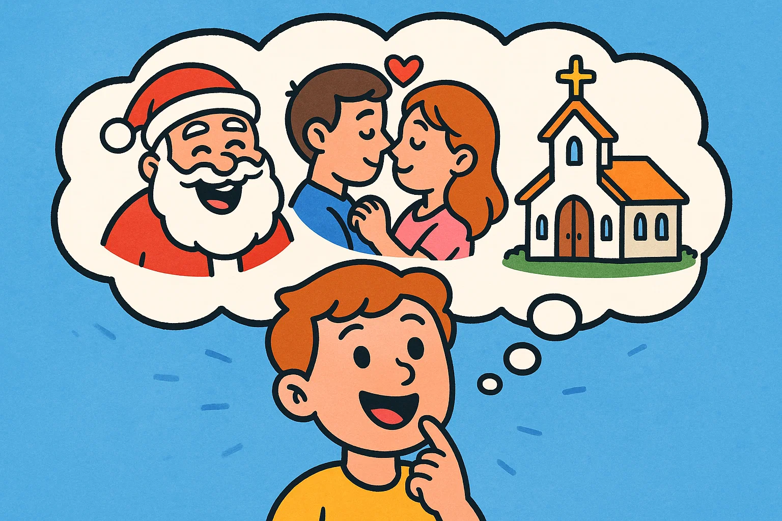 Cartoon showing different types of Christmas messages (funny, romantic, religious) in a thought bubble above a person.
